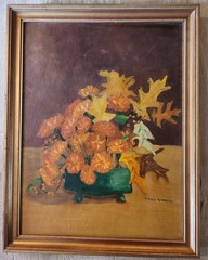 VTG Still Life Flowers Leaves Oil Painting Signed Nancy Walrath MCM Framed 18×14