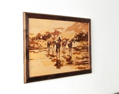 Horses Vintage Handicraft rustic framed picture eco wood wall art panel inlay