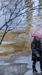 Autumn Watercolor Painting Woman with Umbrella Reflection in Rain Puddle Art