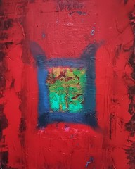 Small abstract original black turquoise blue pink red ochre „Red Vibe“