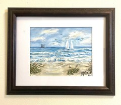 Original Karen Herndon 2020 Seascape Painting Framed Matted Sailboats Ocean Art