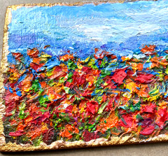 ACEO Original Oil Painting Poppies Blooming Canvas Impasto 2.5×3.5in Signed OS