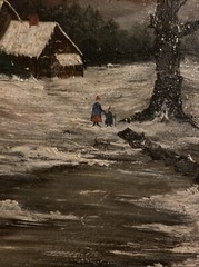 VTG An Original Art Oil (?) Painting On Copper 16” Tray Winter Scene