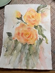 Beautiful original watercolor painting of peach roses, signed by artist. OOAK
