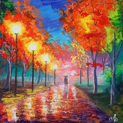 Autumn Rain Oil Painting Park Alley Night Lights Reflection Couple Umbrella Gift