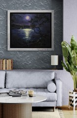 Original Oil Painting Moonlight Night Landscape Lake Art Canvas by A Onipchenko