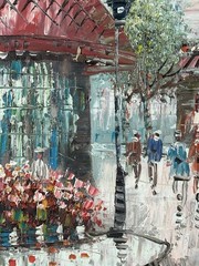 Vintage CAROLINE BURNETT „Moulin Rouge” Paris Street Scene MCM Oil PAINTING