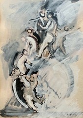 Shmuel Vaginsky ( Israeli , b.1937) Beautiful Rare Cubism Gouache Painting
