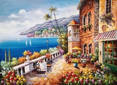 Mediterranean Cafe #6A-BM6, 36×48 – 100% Hand painted Oil Painting on Canvas