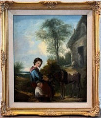 Antique 19 century Pastoral Genre Original Oil Canvas Painting European School