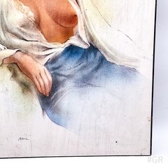 Vintage Gemälde Portrait „Frau, sitzend“ auf Spanplatte, signiert (48 x 68,5 cm)
