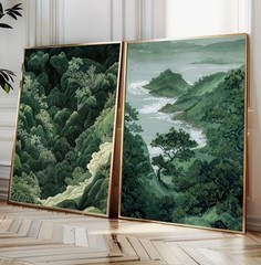 Art Canvas Set of 2 Zen Green Forest Mountain Japanese Art Wabi Sabi Abstract