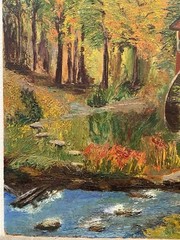 Vintage Original Oil Painting Red Grist Mill Water Wheel Autumn Landscape Art