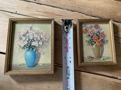 Vintage Orig Mini Oil Still Life Flowers Vase Ethel Hore Townsend Listed S/2