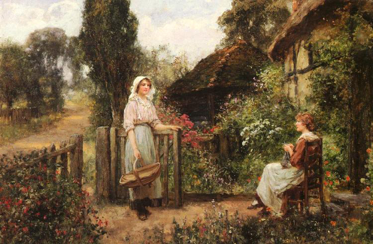 Huge Oil painting Henry John Yeend King – Friendly Neighbors young women in view