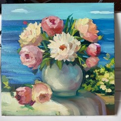 paintings on canvas original «Peonies under the sun” 12×12, oil on canvas