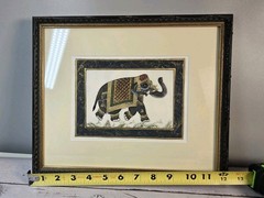 Vintage India Elephant Trunk Up Original Silk Painting on Fabric Hand Painted