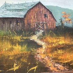 Everett Woodson Signed Painting Landscape Barn Path Birds, 2ox16in