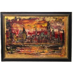 SFAX Original Vintage Signed Cityscape Skyline Landscape Oil on Canvas Painting
