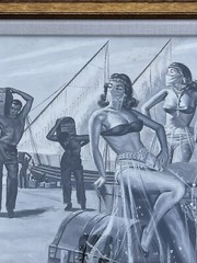 Antique Illustration Painting Boat Workers Gorgeous Women Pinup mid century