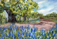 Texas Bluebonnets Country Road Original Watercolor Landscape Painting 12×16