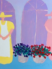 Jim Hill – original signed acrylic canvas painting women flowers 1985 30×24