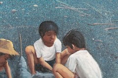 Vintage Children Playing On The Beach Oil Painting On Canvas Signed Illegible