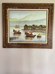 Rare P. Wong Original Framed Signed Oil Painting Boats Waterfront Houses 20×24