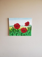 Handmade Painting Acrylic Art Panel 11x14x1/16 Decor Flowers Poppies Mountains