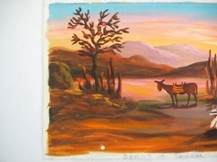 Vintage Hand Painted Peruvian Painting of a Landscape w Mountains, Cacti, Donkey