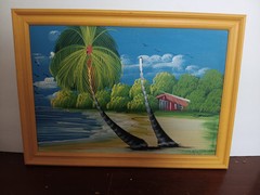 SIGNED FRAMED OIL ON CANVAS CARIBBEAN BEACH COAST THEMED PAINTING BRIGHT COLOR