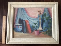 Mid Century Oil On Canvas Still Life; Virgin Mary w/Books & Plant; Framed 18×22”
