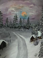 Oil Painting 44 X 31 Beautiful Winter Scene In A Nice Wood Frame Signed By Lin S