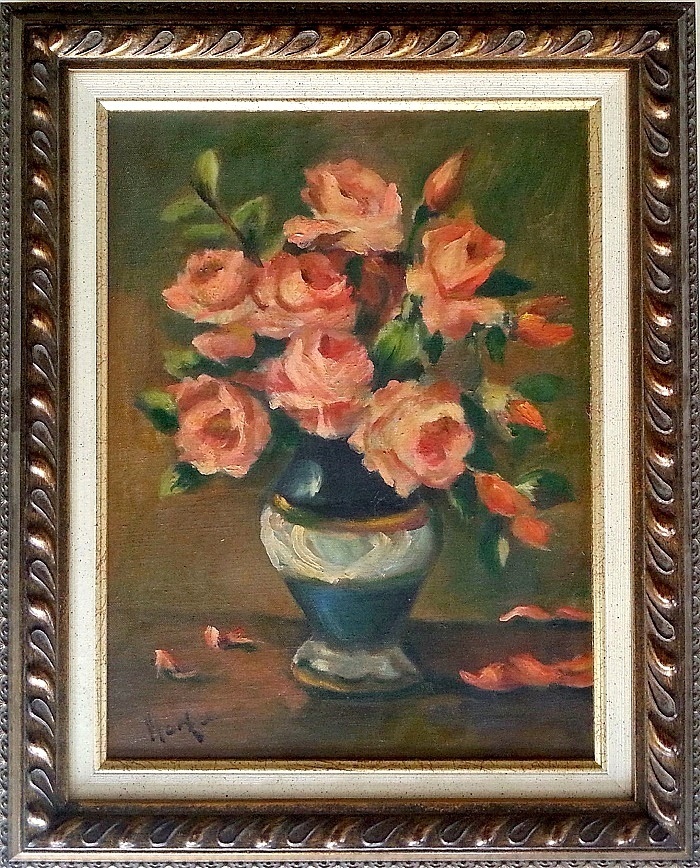 Unknown Unidentified European: Roses in a Vase / Realism Modernism Oil Vintage