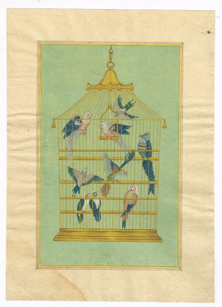Miniature Painting Of Birds In The Cage Gouache Pigment Art 8×11.5 Inches Art