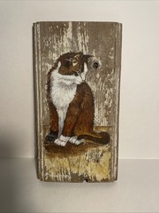Charming Cat Painting on Rustic Reclaimed Barn Board – Farmhouse Folk Art Signed