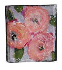 Vibrant Peony Blooms Mini Art Block Floral Painting Original pink