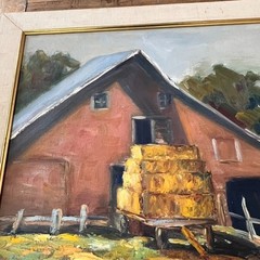 Oil Painting Barn House White Fence Hay Bales on Wagon 27.5 x 23.5″ M. Siemon