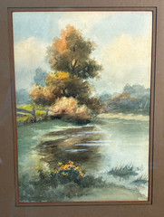 Antique Original Art Watercolor Wood Framed Landscape Water Trees Picture 14×20″