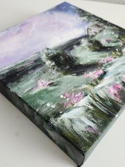 ORIGINAL Landscape Cottage In Meadow-Pink Flower-Night Sky-8×8″Acrylic Painting