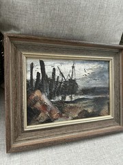 Vintage Carlotta Browning Signed Oil Painting Marine Harbor Seascape Impasto