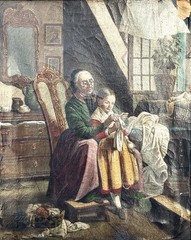ANTQ Early 19th C German Munich School Interior Genre O/C „The Knitting Lesson“!
