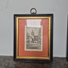 Vintage Pair Of 2 Mini Lithographs Signed European Architecture Framed
