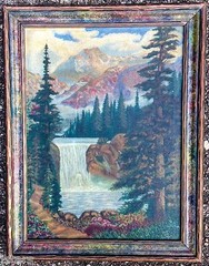 1900s WATERFALL MOUNTAINS OIL CANVAS FRAMED PAINTING, A. TSCHABOLD, ALLIANCE, OH