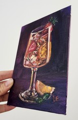 Strawberry Citrus Sangria Original Oil Painting Framed Cocktail Bar Art 5×7 OOAK