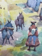 Original Village Scene Peru Framed Soft Watercolor Painting People And Donkeys