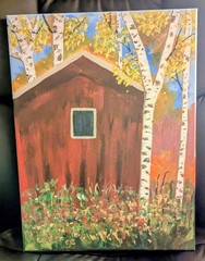 Original Acrylic Canvas Painting 12×16 , “ Harvest Hideaway“ , Barn, Autumn