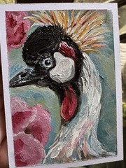 ACEO PRINT Original Crowned Crane Impressionistic Abstract Impasto Fine Art OOAK