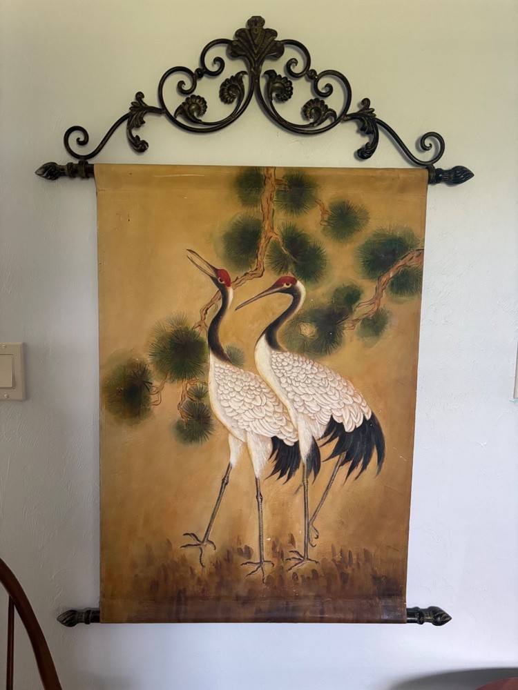 Unique one of a kind Sandhill Cranes Bird Painting ~ Wrought Iron Scroll Framing
