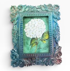 White Hydrangeas mini floral print of original painting • vintage ornate frame